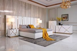 Nixa Modern King White Eco Leather & Gold Bed
